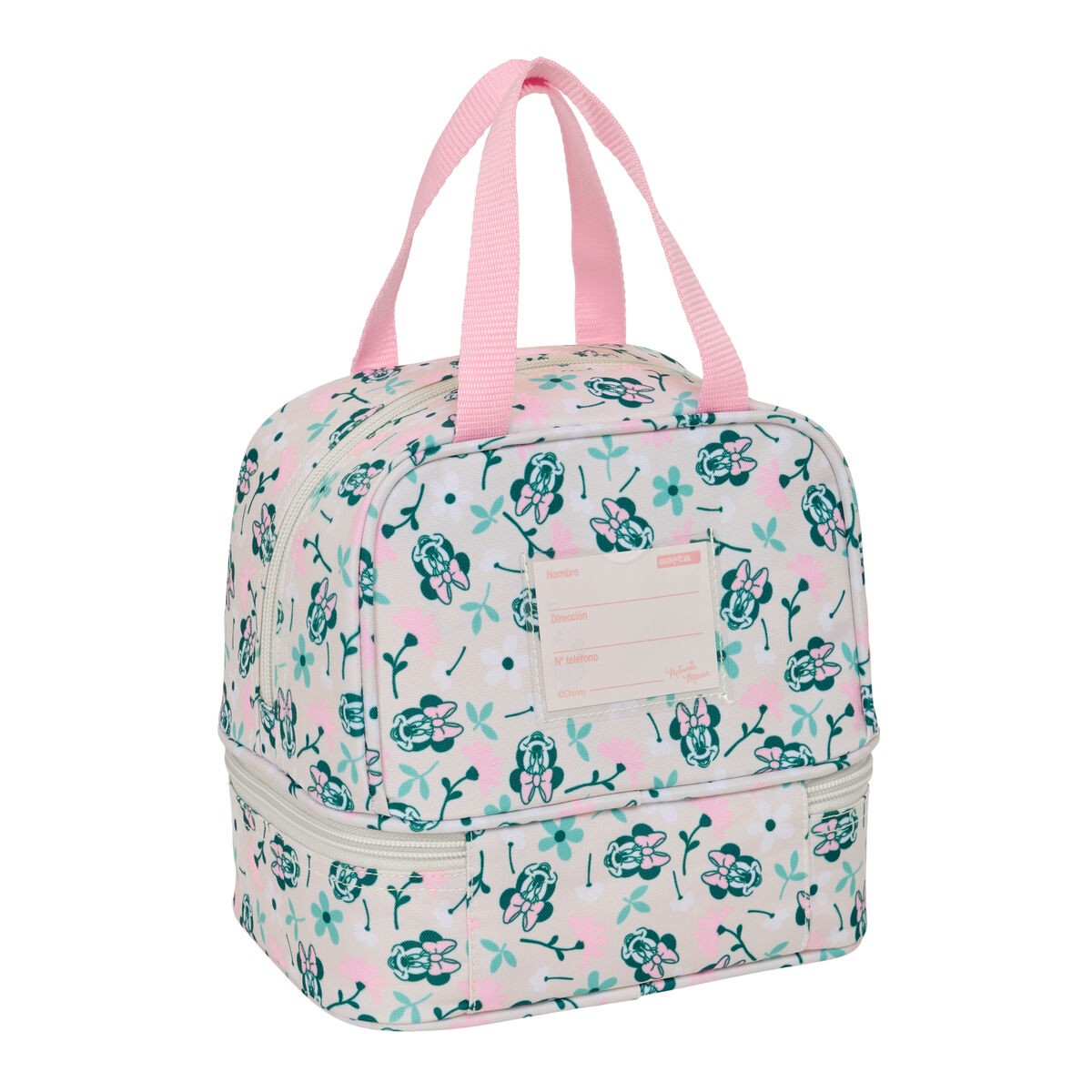 Eine leichte Tasche mit Blumenmuster und Minnie Maus-Motiven, rosa Henkel.