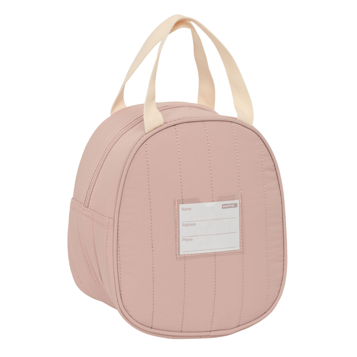 Eine rosafarbene, gesteppte Tasche mit zwei Trägern und einem Namensschild.
