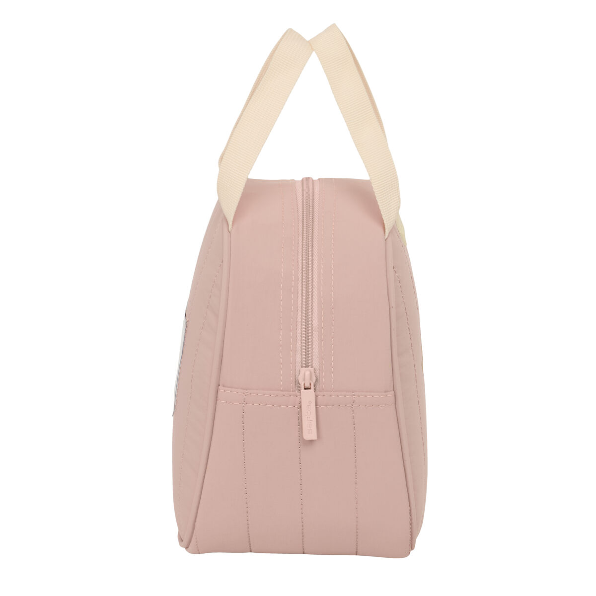 Eine rosafarbene Tasche mit einem Reißverschluss und zwei cremefarbenen Henkeln.