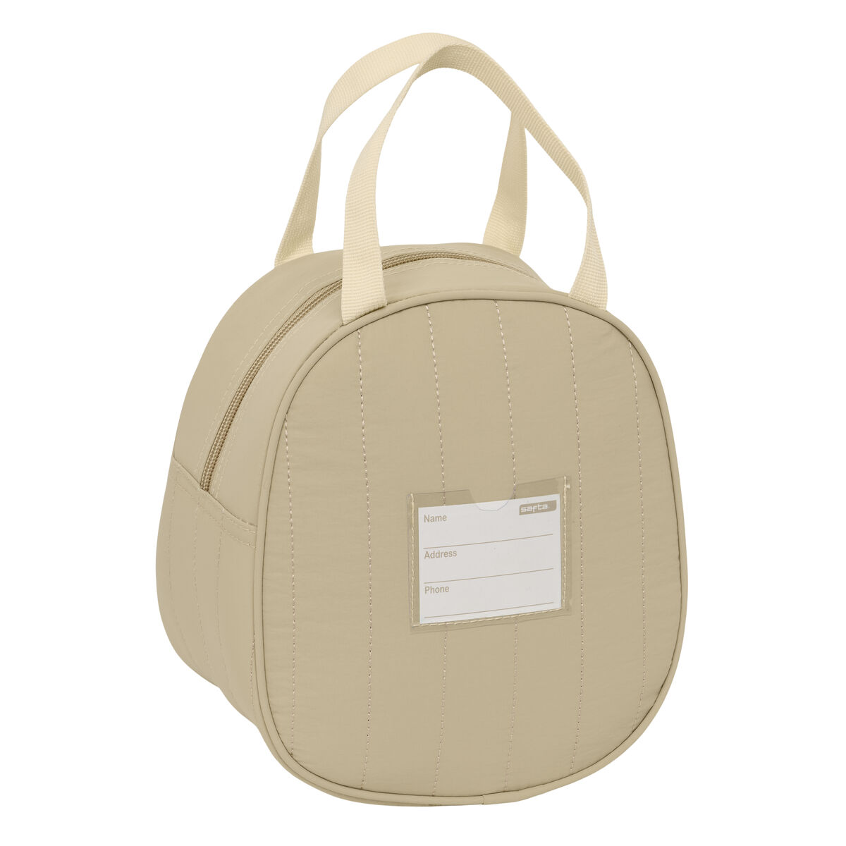 Beige gesteppte runde Tasche mit zwei Henkeln und einem Namensschild.
