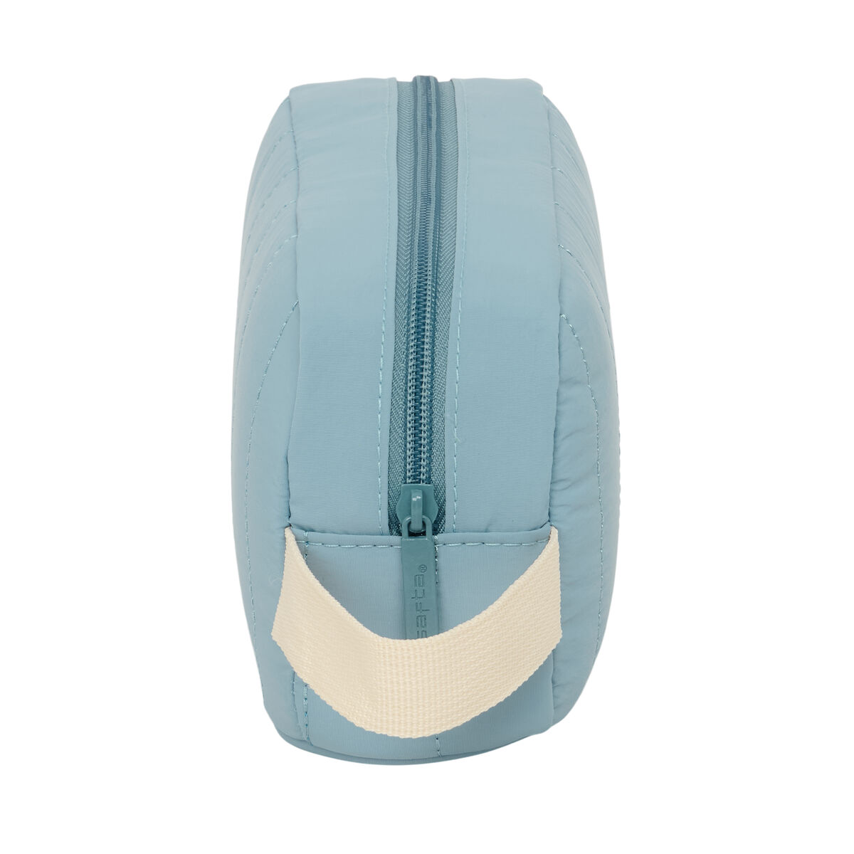 Hellblaue, gesteppte Tasche mit Reißverschluss und beige Schlaufe.
