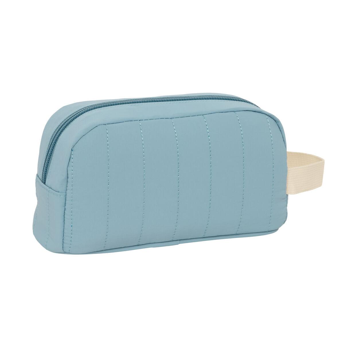 Hellblaue, gesteppte Kulturtasche mit Reißverschluss und beige Schlaufe.