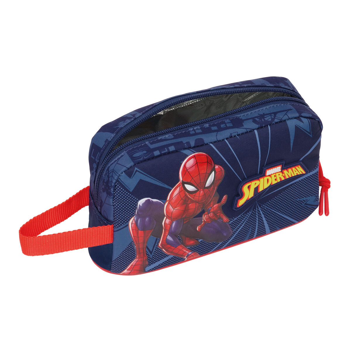 Blauer Kulturbeutel mit Spiderman-Aufdruck und rotem Reißverschluss und Griff.