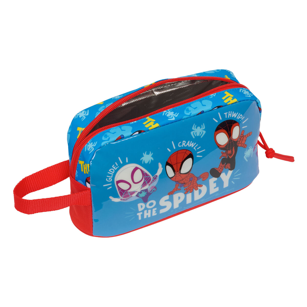 Ein blaues Spiderman-Etui mit roten Reißverschlüssen und Tragegriffen, zeigt Spiderman-Figuren.