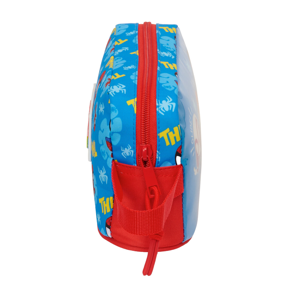 Eine blaue Federtasche mit Spiderman-Motiv und rotem Reißverschluss.