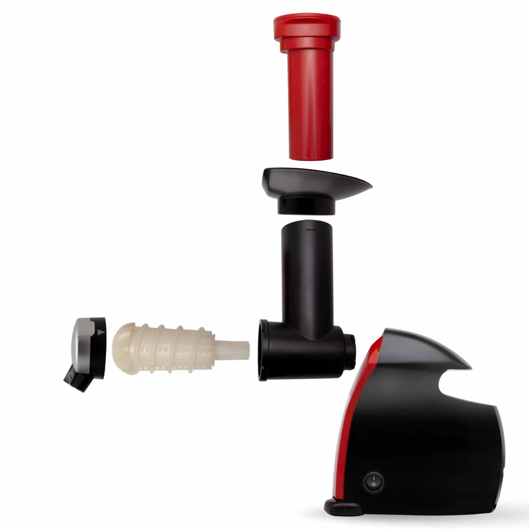Centrifuga smontata: base nera, spintore rosso, canale nero, filtro bianco.