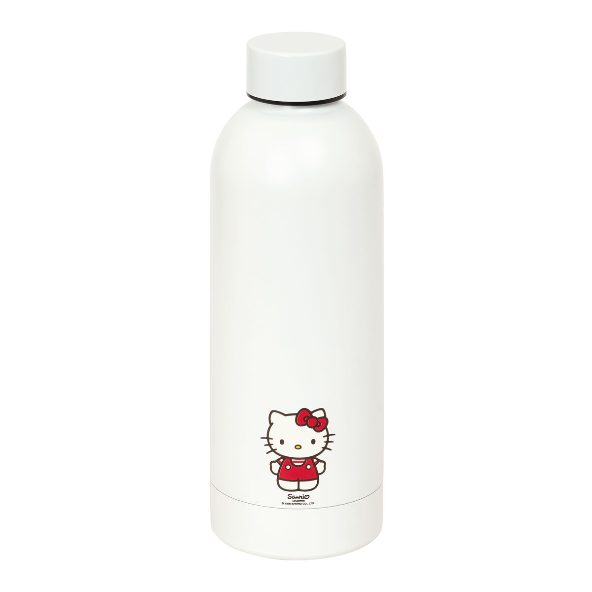 Weiße Flasche mit Hello Kitty-Aufdruck und rotem Kleid.
