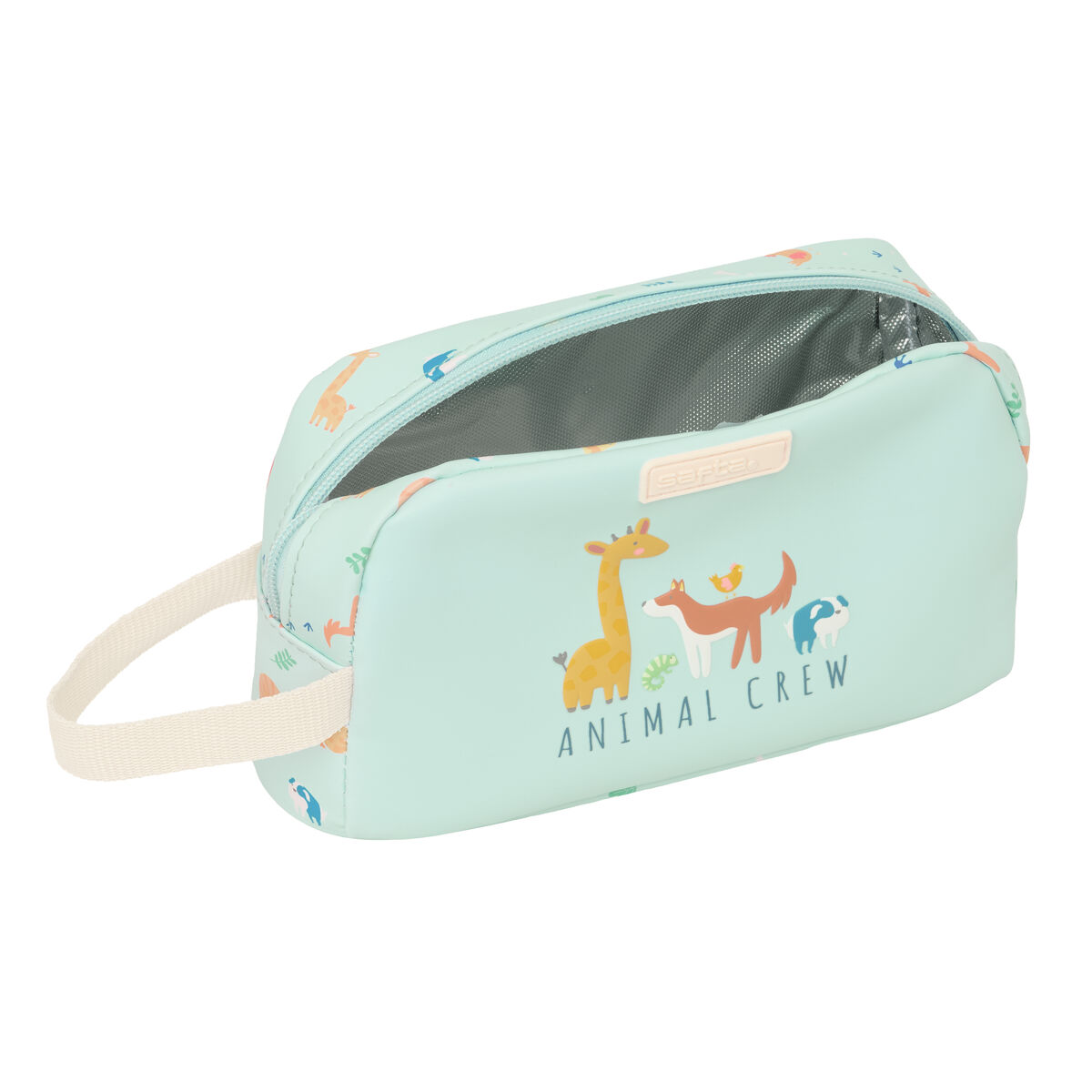 Hellblaue Tasche mit Tiermotiv und Reißverschluss.