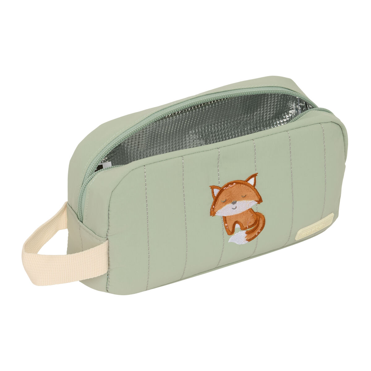 Grüne Kosmetiktasche mit gesticktem Fuchs, Reißverschluss offen, auf weißem Hintergrund.