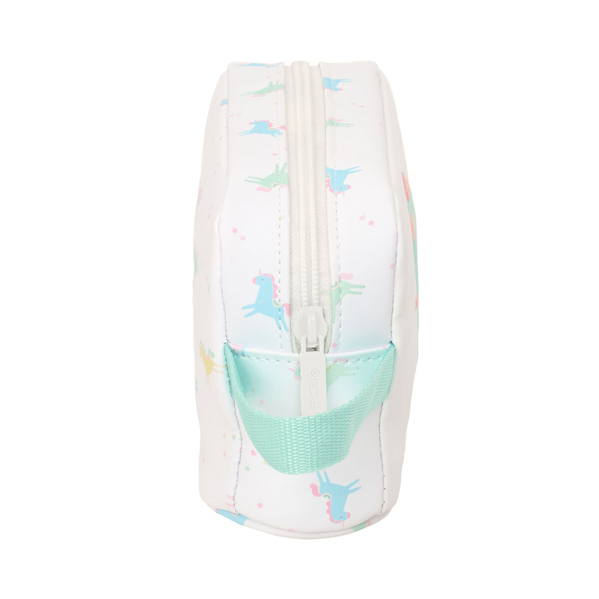 Eine weiße Kosmetiktasche mit bunten Einhorn- und Sternenmotiven.