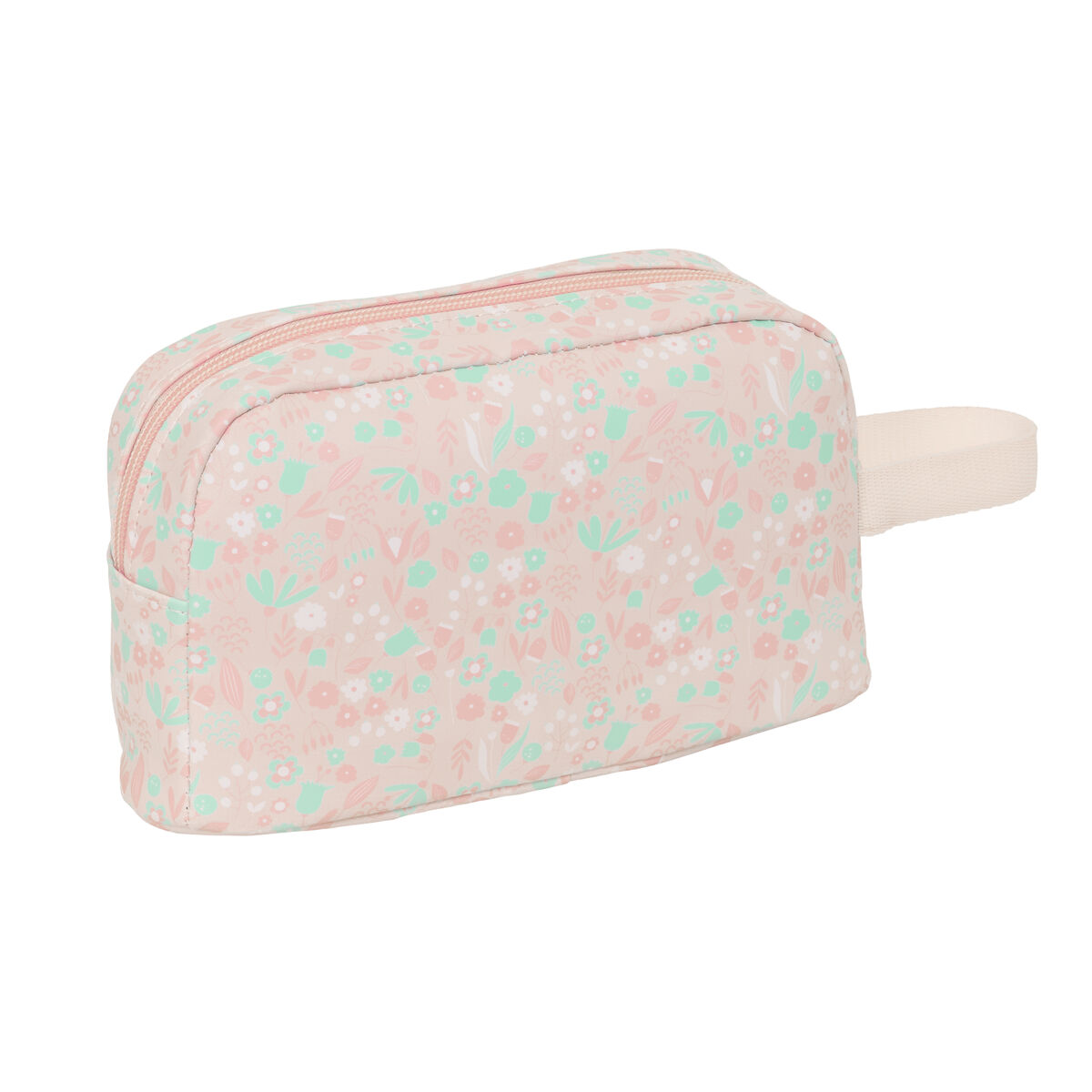 Eine rechteckige Kosmetiktasche mit einem zarten Blumenmuster in Rosa und Mintgrün.