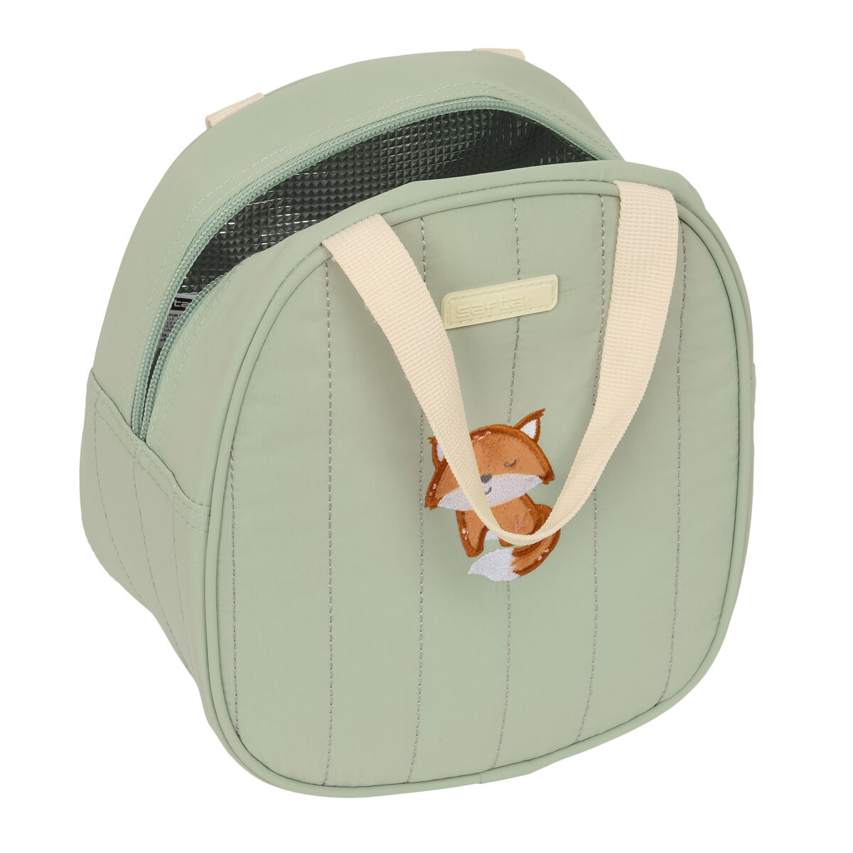 Hellgrüne Lunchtasche mit Fuchs-Applikation und Tragegriffen, offen.