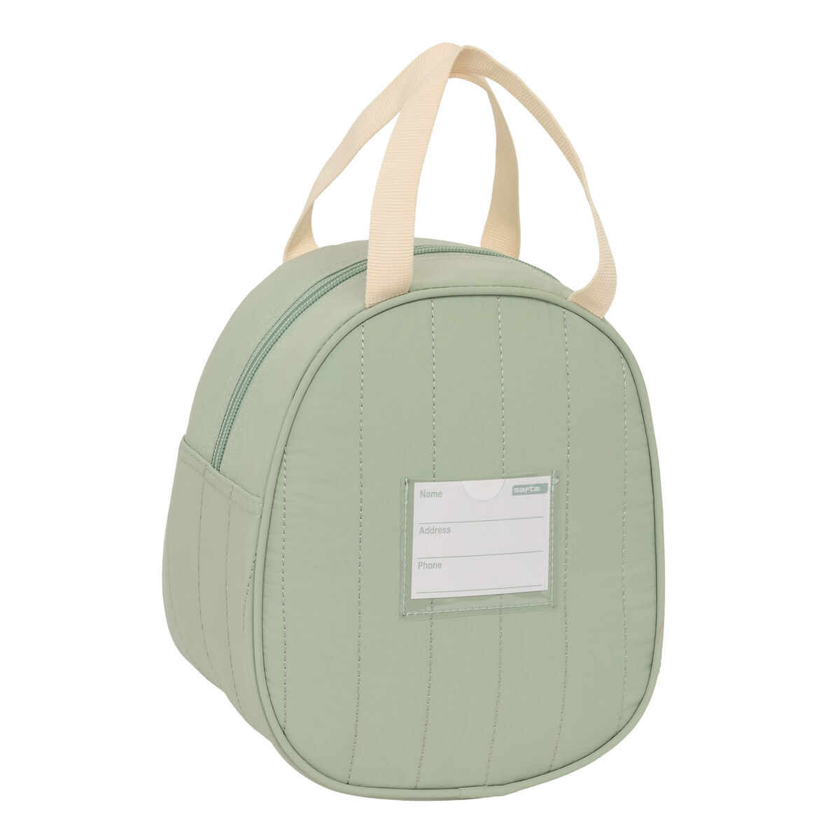 Grüne runde Tasche mit Henkeln und Namensschild.