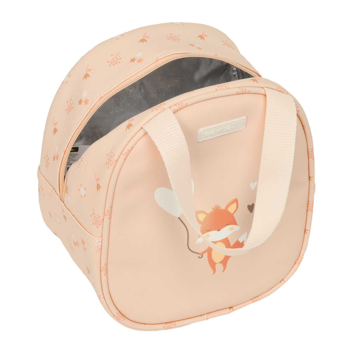 Ein pfirsichfarbener Rucksack mit einem Fuchs-Motiv und Blumen.
