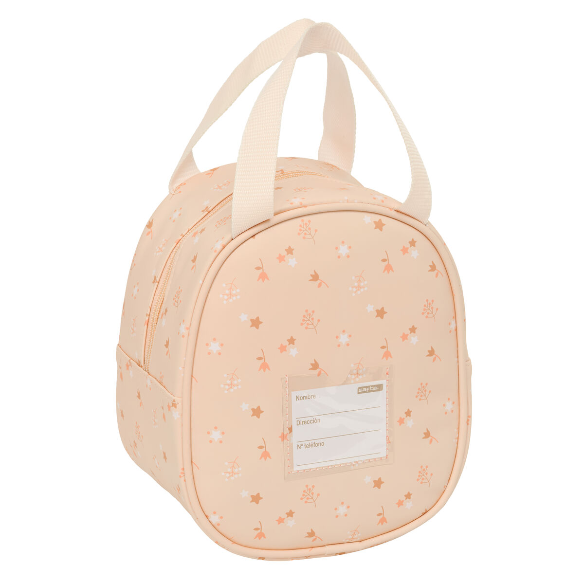 Eine rosafarbene Lunchtasche mit Blumen- und Sternenmuster und zwei Tragegriffen.