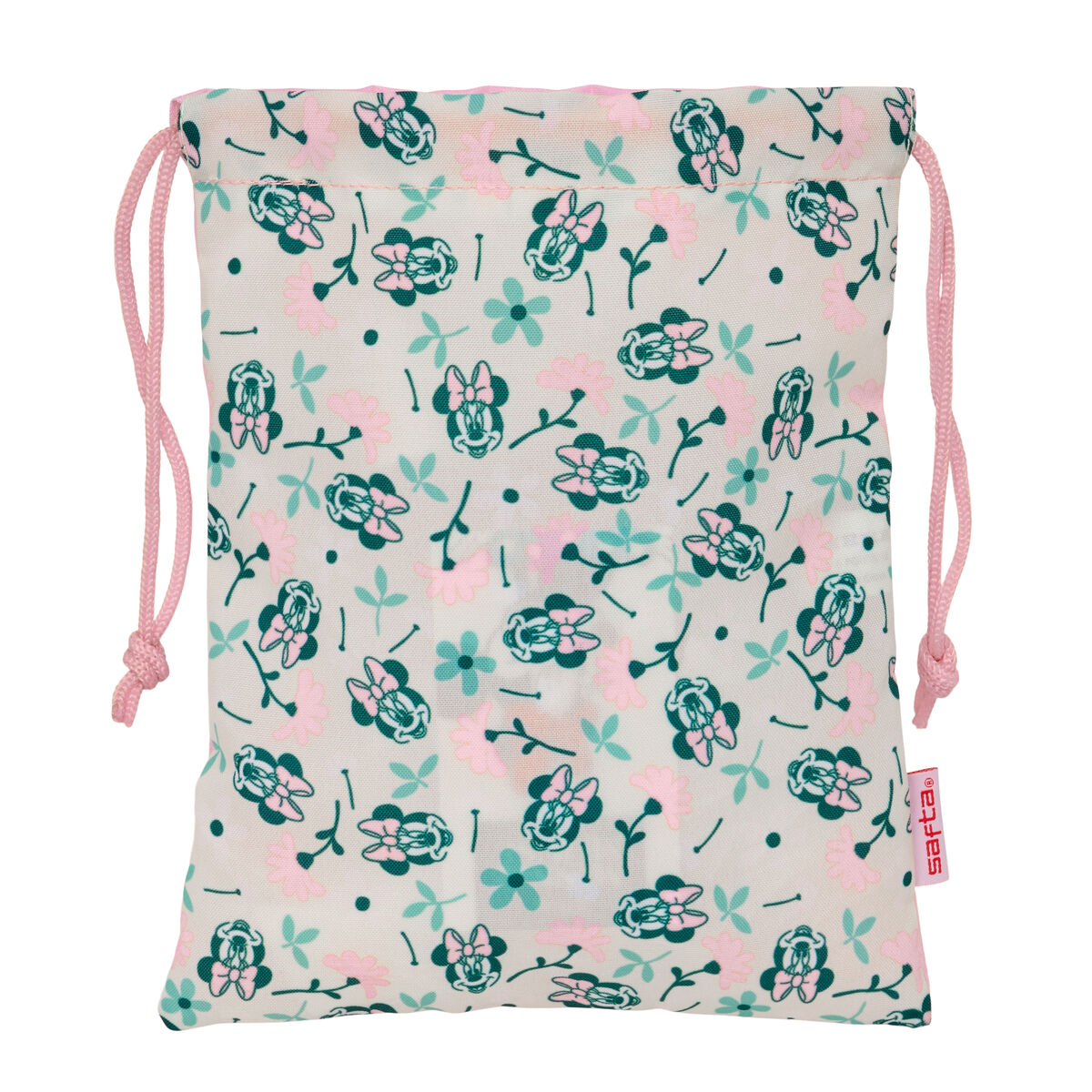 Ein weißer Beutel mit Micky-Maus-Motiv, Blumen und Blättern in Rosa und Grün.