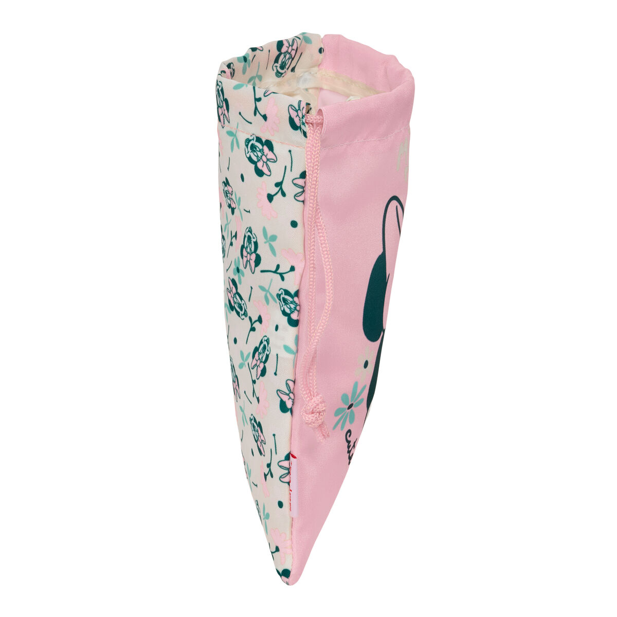 Ein rosa Beutel mit Blumenmuster und einer Maus. Mit Kordelzug.