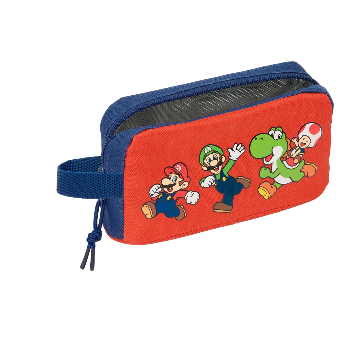 Ein roter Kulturbeutel mit Mario, Luigi, Yoshi und Toad im Nintedo-Design.
