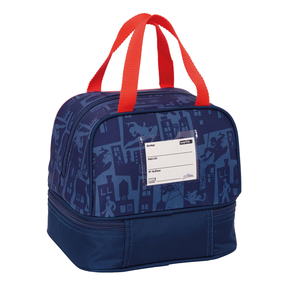 Dunkelblaue Spiderman-Tasche mit roten Henkeln und Stadtmuster.