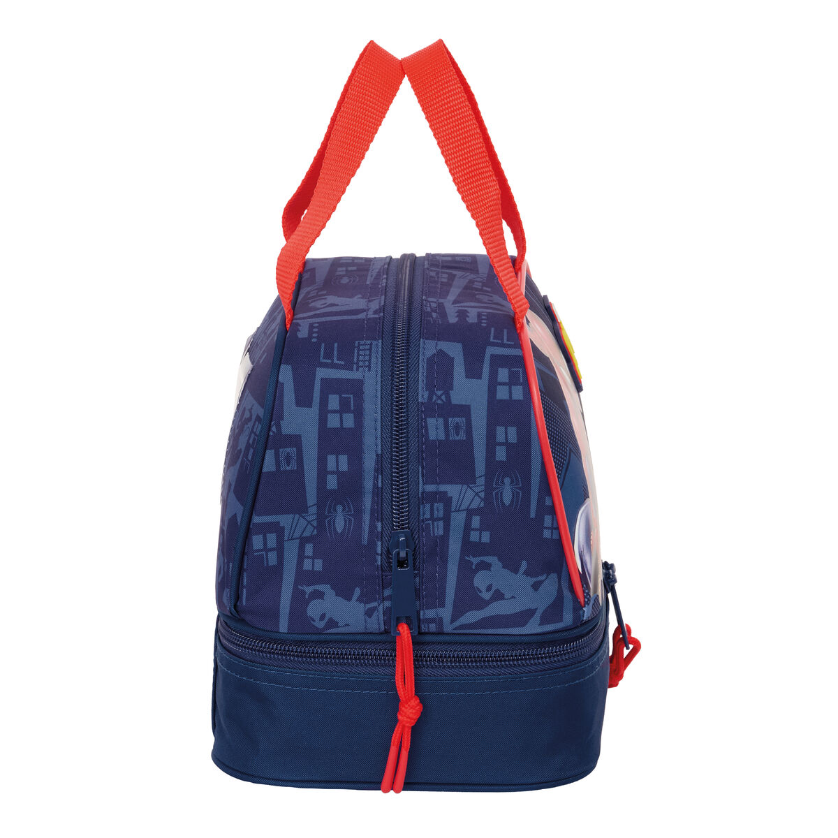 Dunkelblaue Tasche mit Spiderman-Motiv, roten Henkeln und Reißverschlüssen.