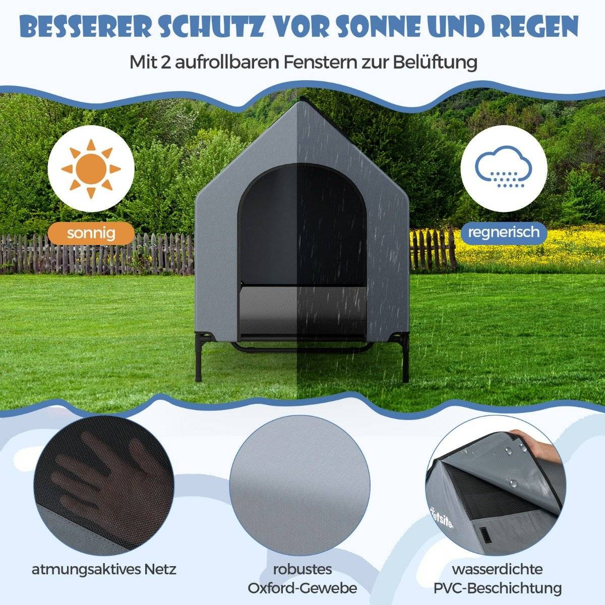 Casa para perros gris con ventanas enrollables, protección solar y lluvia.