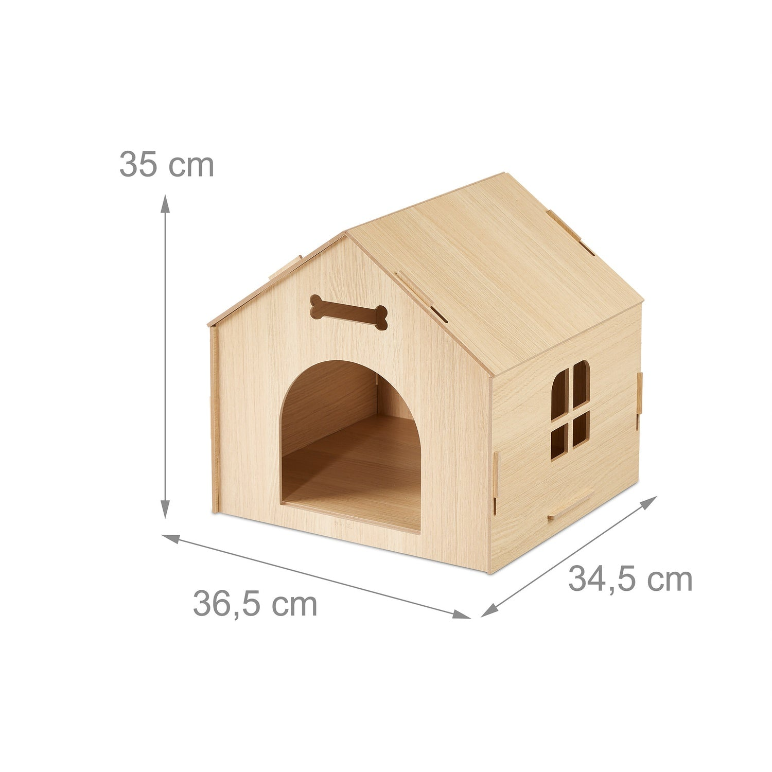 Casa de perro de madera con ventana y puerta, medidas 35x36.5x34.5 cm.