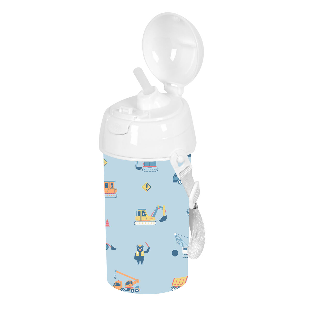 Eine blaue Trinkflasche mit Baustellenmotiven, geöffnet und mit Tragegurt.