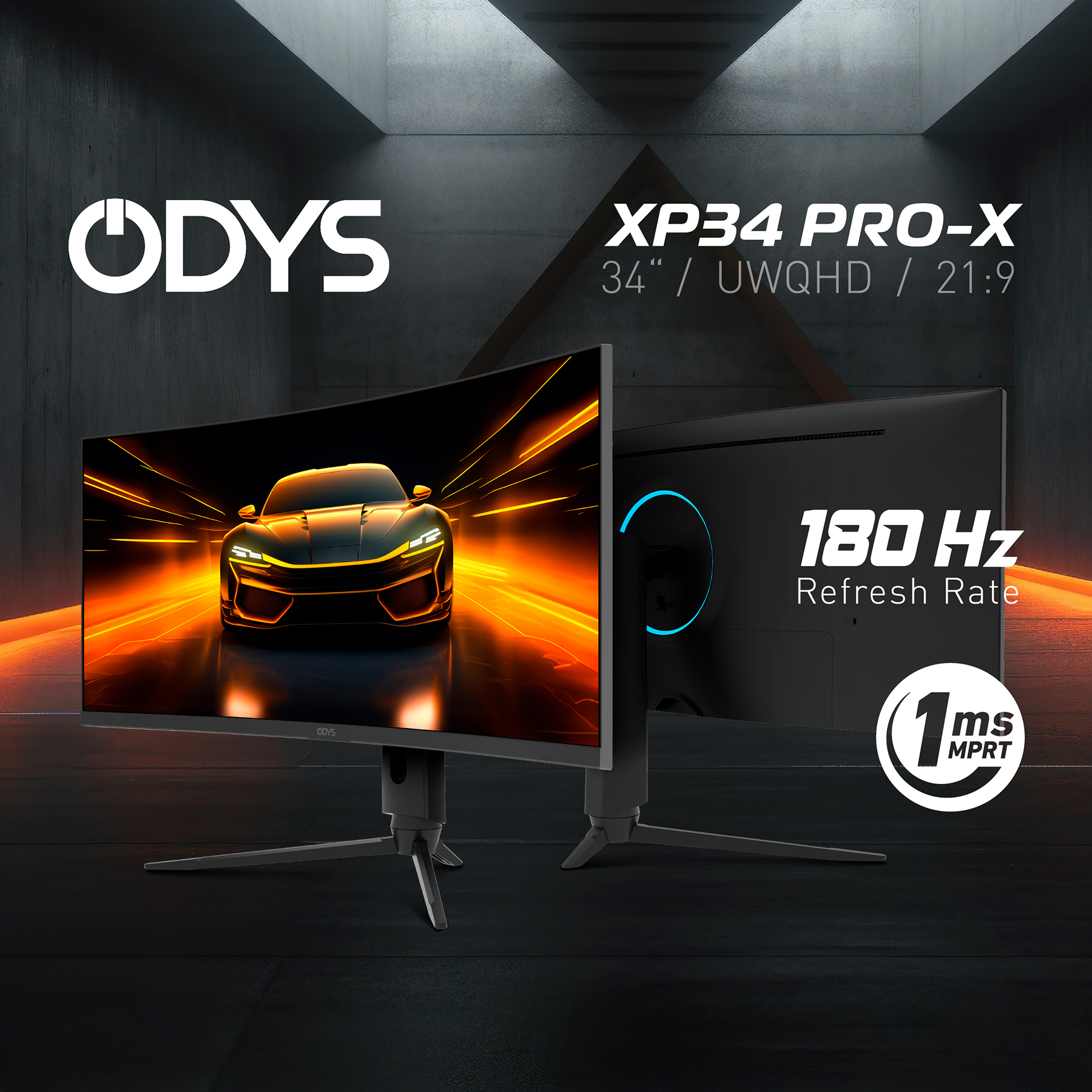 Ein geschwungener ODYS Monitor zeigt ein Auto auf einer Rennstrecke. 180 Hz.