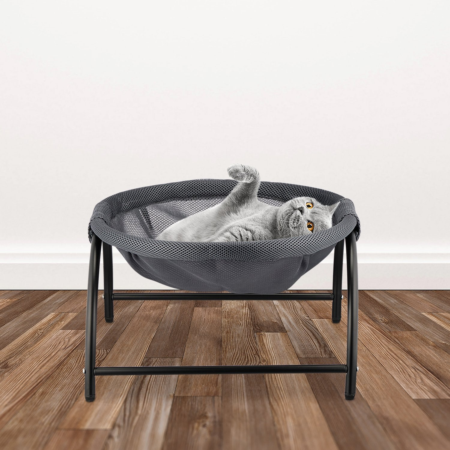 Gato gris descansando en una silla de malla sobre suelo de madera.