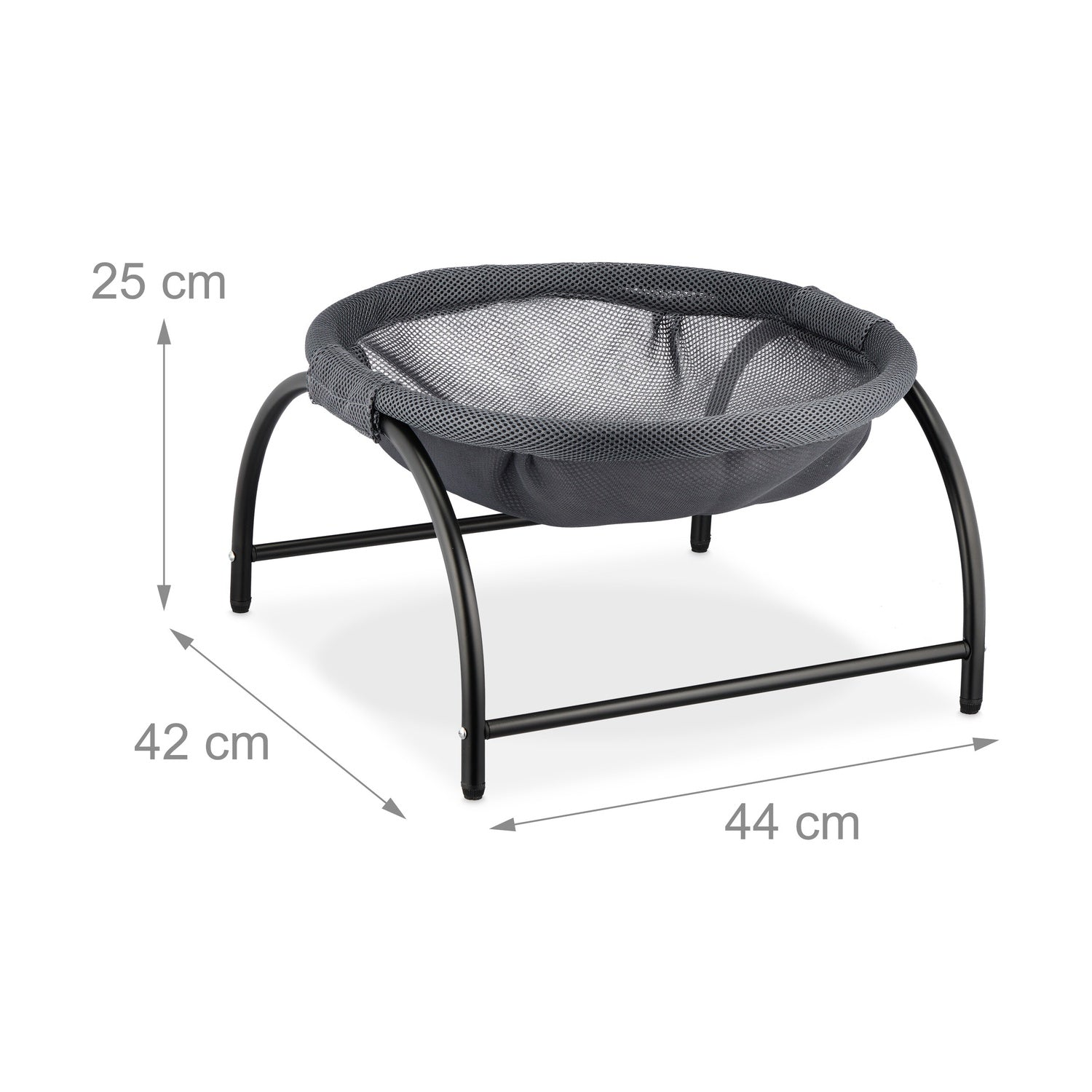 Cesta de malla gris sobre patas curvas negras, AlxAnxPr: 25x44x42 cm.