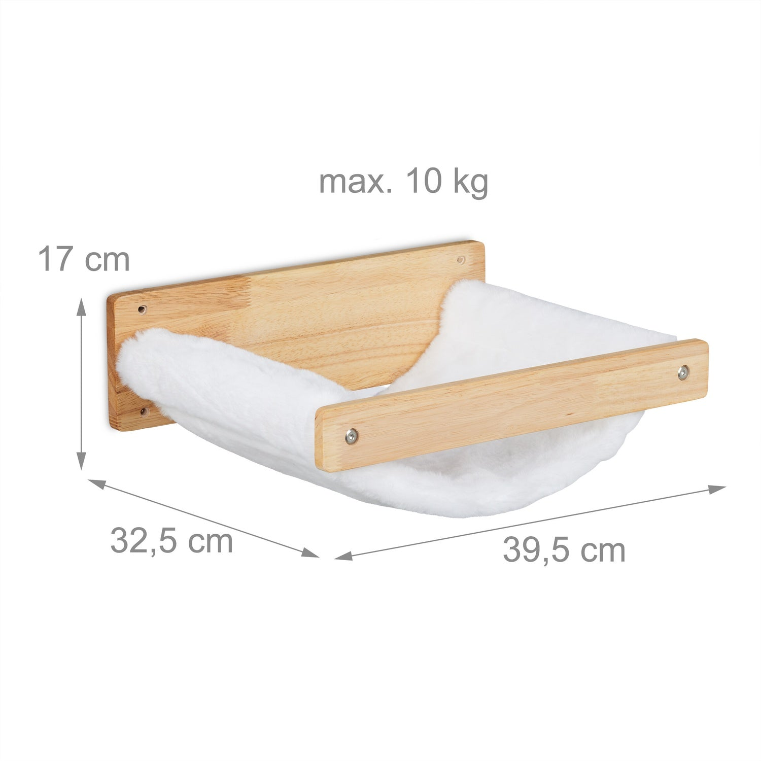 Hamaca blanca para gatos de madera y felpa, montada en pared. Dimensiones: 39,5x32,5x17cm.