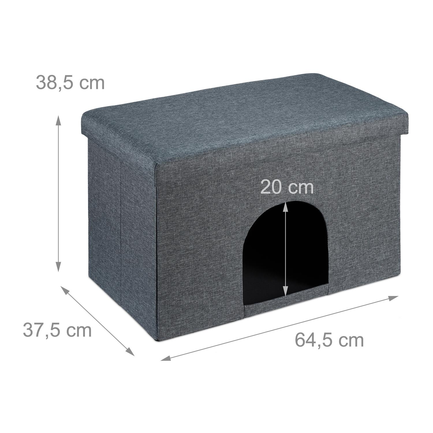 Taburete plegable gris con puerta para mascotas y medidas.