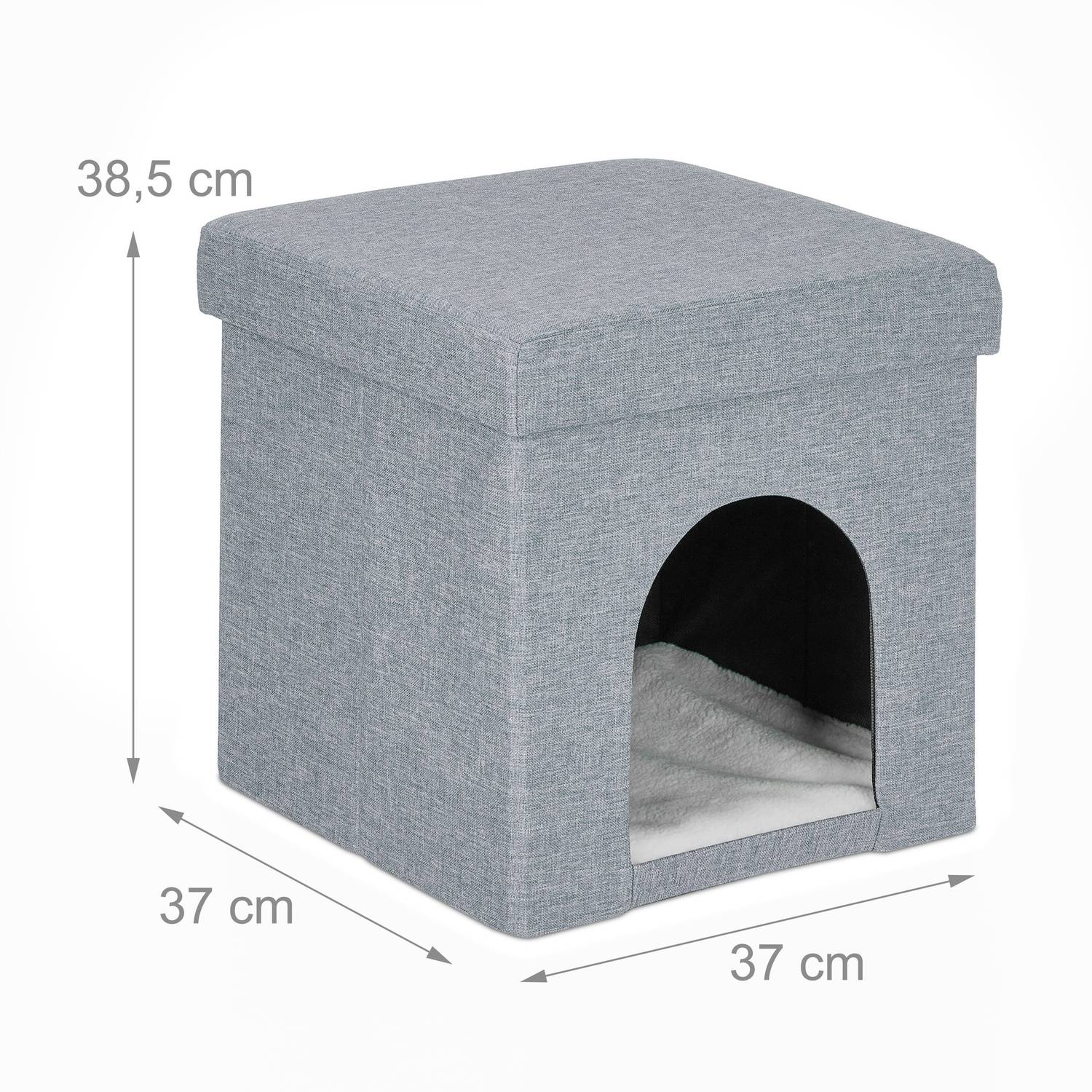 Casa de tela gris para mascotas, con entrada arqueada, 37x37x38.5cm.