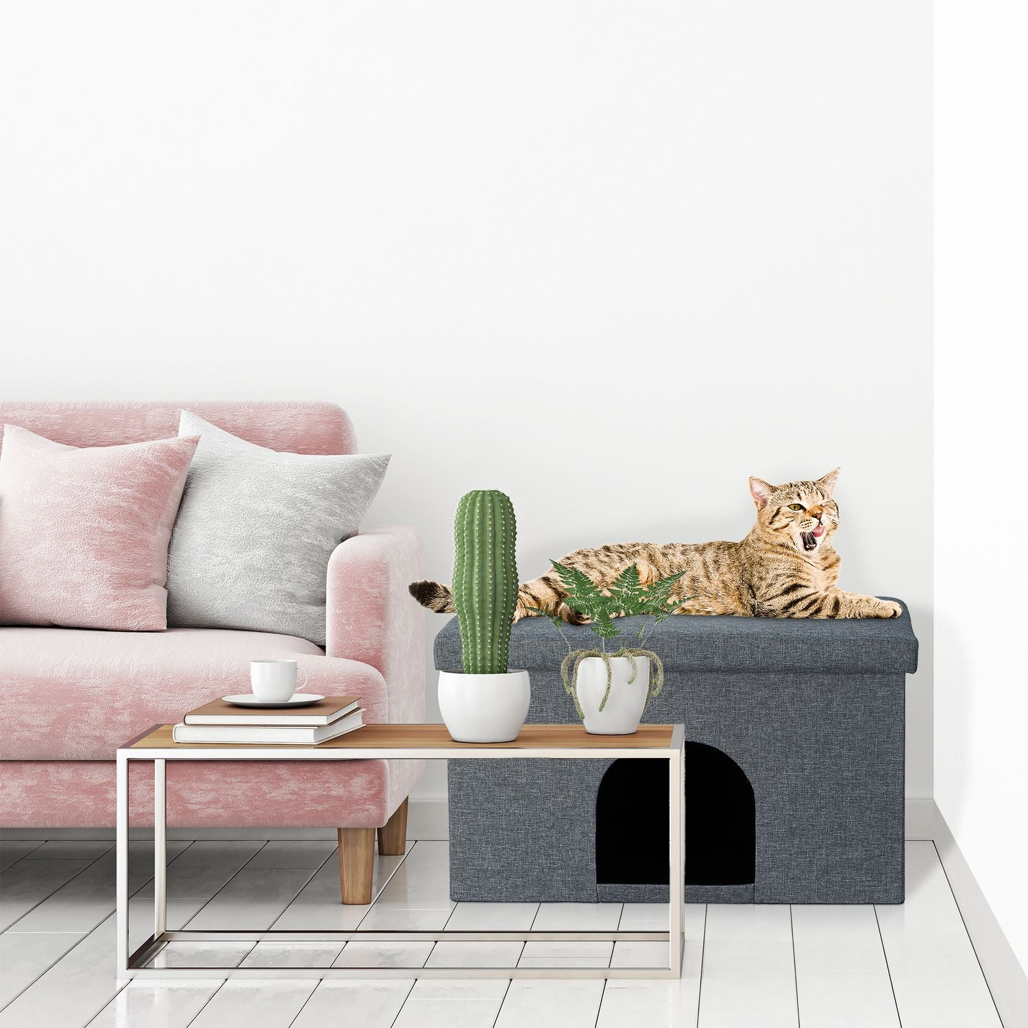 Un gato yace sobre una casa para gatos gris junto a una planta de cactus.