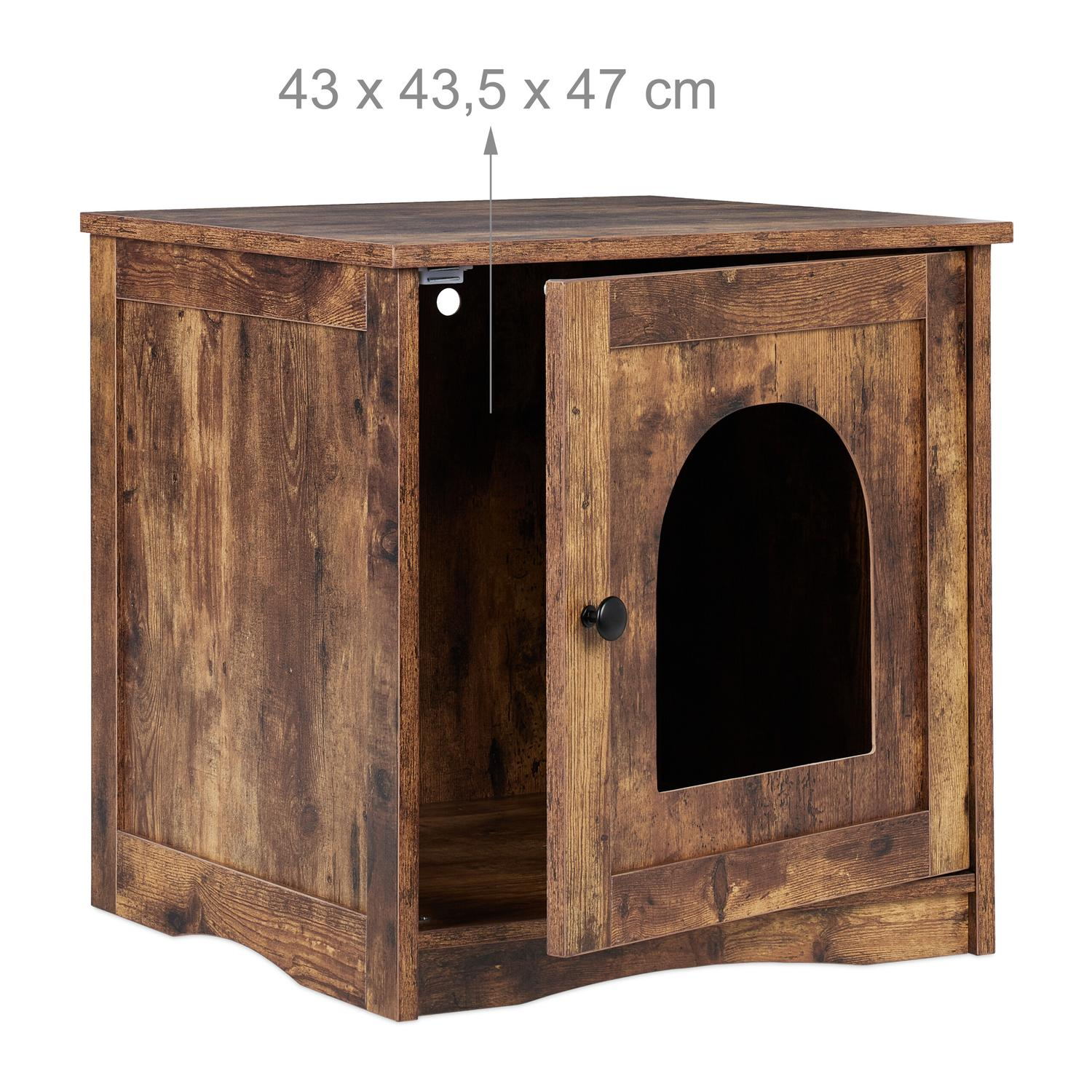 Un mueble de madera marrón con puerta y entrada arqueada, dimensiones 43x43,5x47cm.