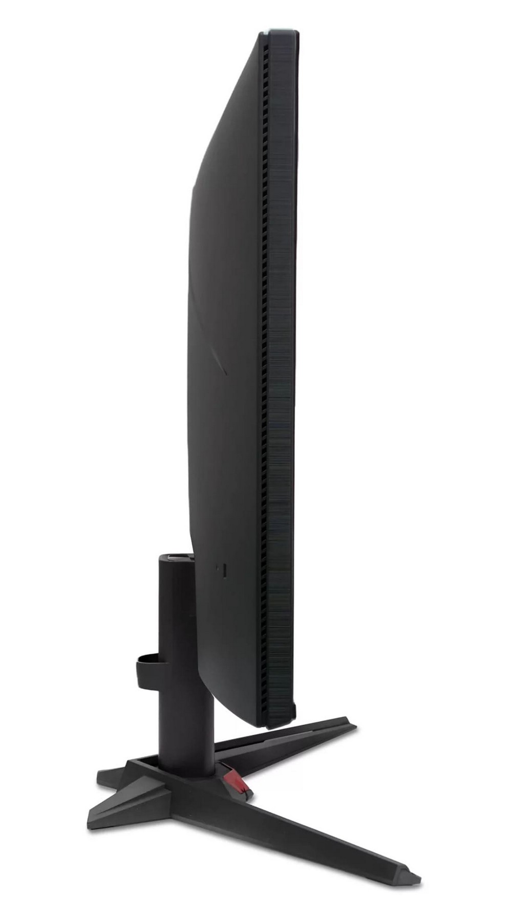 Czarny monitor komputerowy z trójkątnym stojakiem, pokazany z boku.