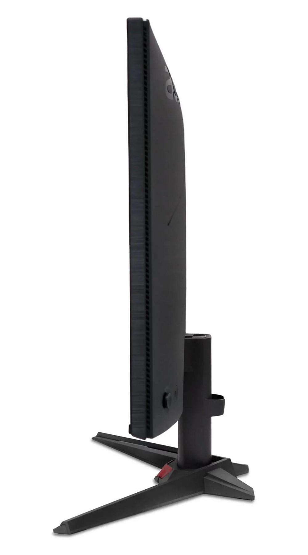 Czarny monitor w profilu z wąską ramką i trójnogim stojakiem.