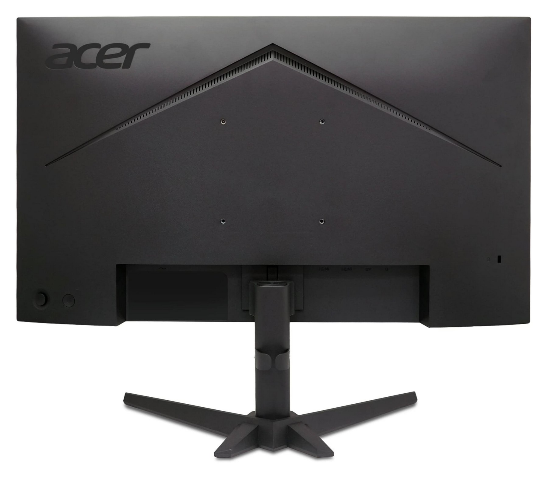 Tył czarnego monitora Acer ze stojakiem i portami.