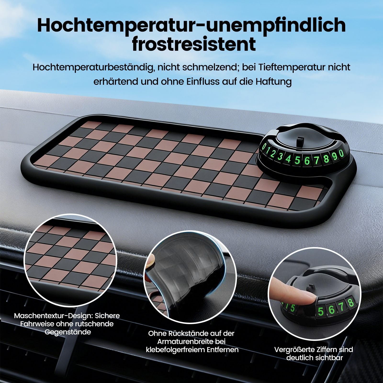 Auto-Armaturenbrett mit rutschfester Matte und temporärem Parkschild mit Zahlen.