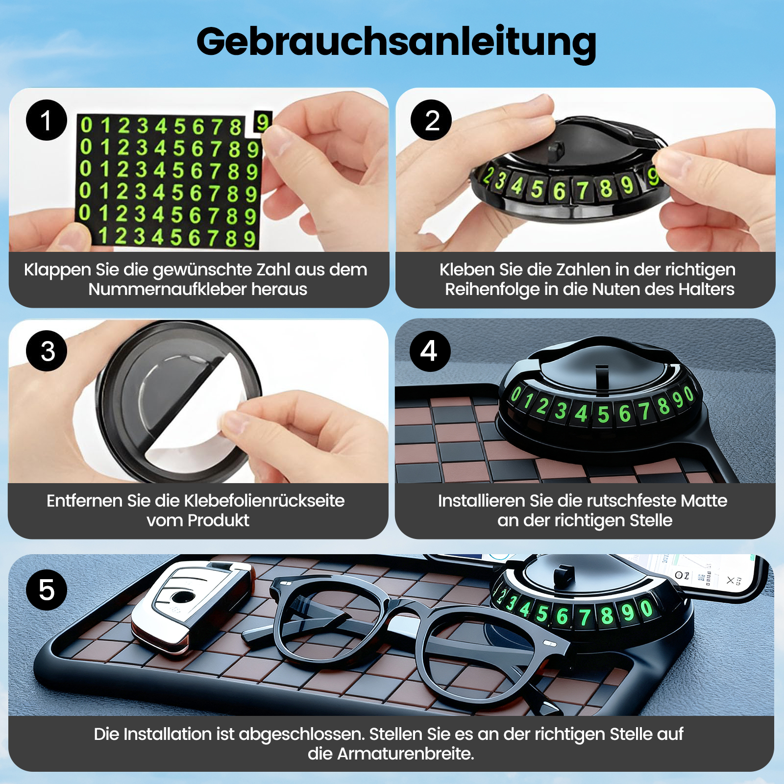 Anleitung zum Anbringen von Zahlenaufklebern auf einer Halterung.