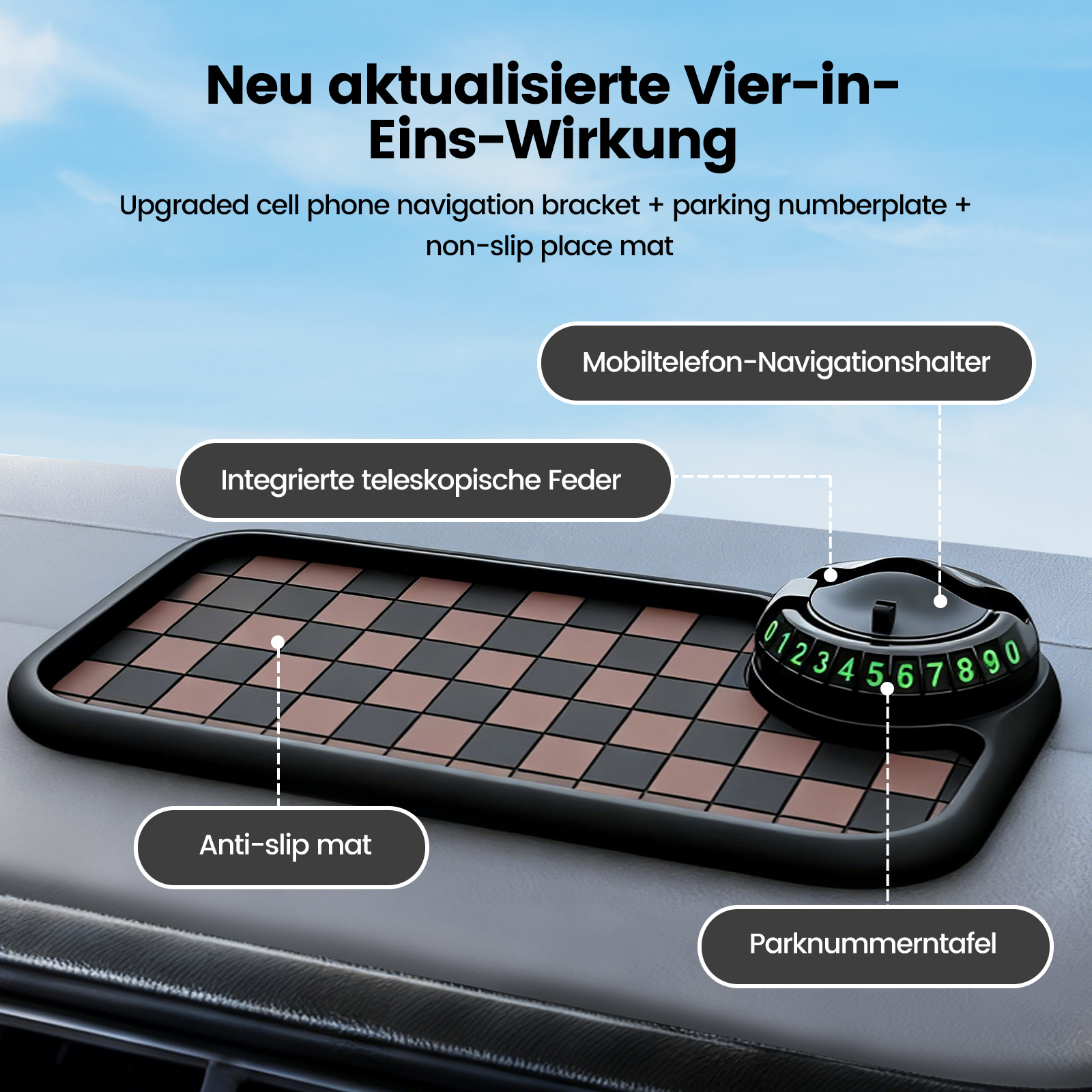 Ein schwarzer Auto-Organizer mit nummeriertem Parkschild und rutschfester Matte.