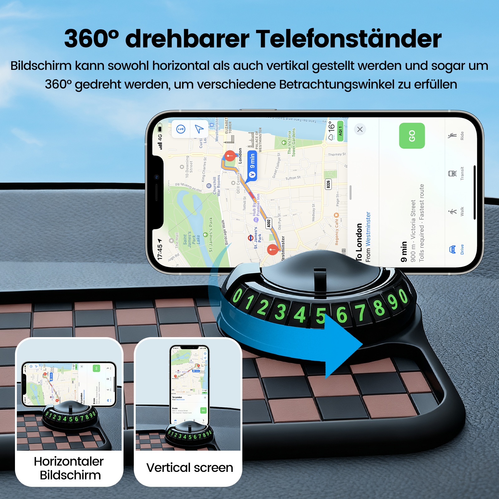 Ein Telefonständer mit Navi-App auf dem Bildschirm, horizontal und vertikal.