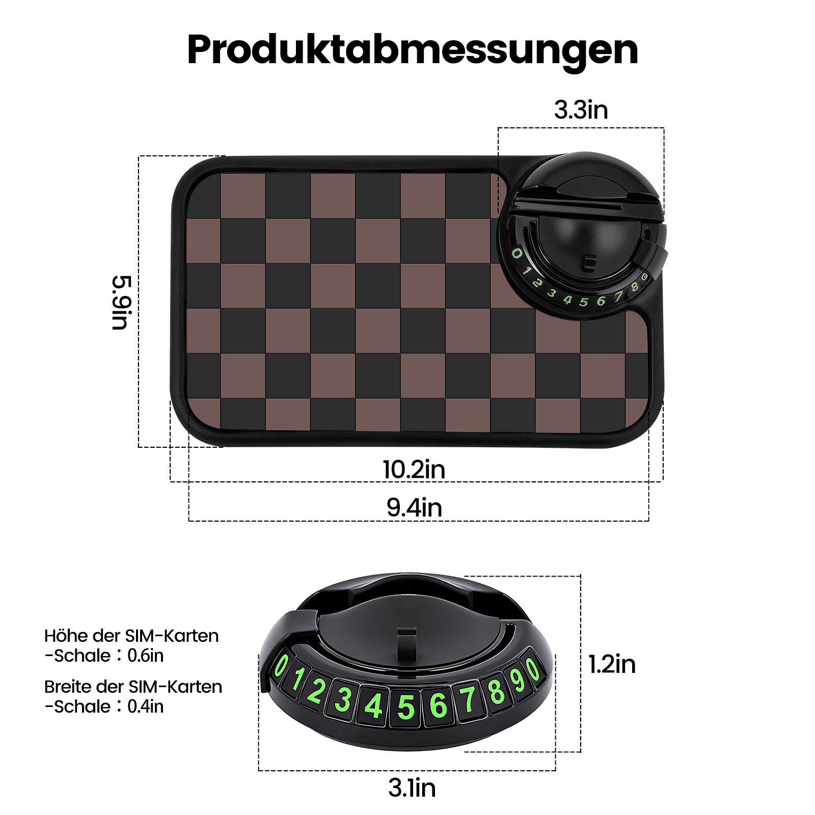 Maße eines Produkts: Rechteck 5.9x10.2in, Rad 3.3x1.2in, mit Zahlen 0-9.