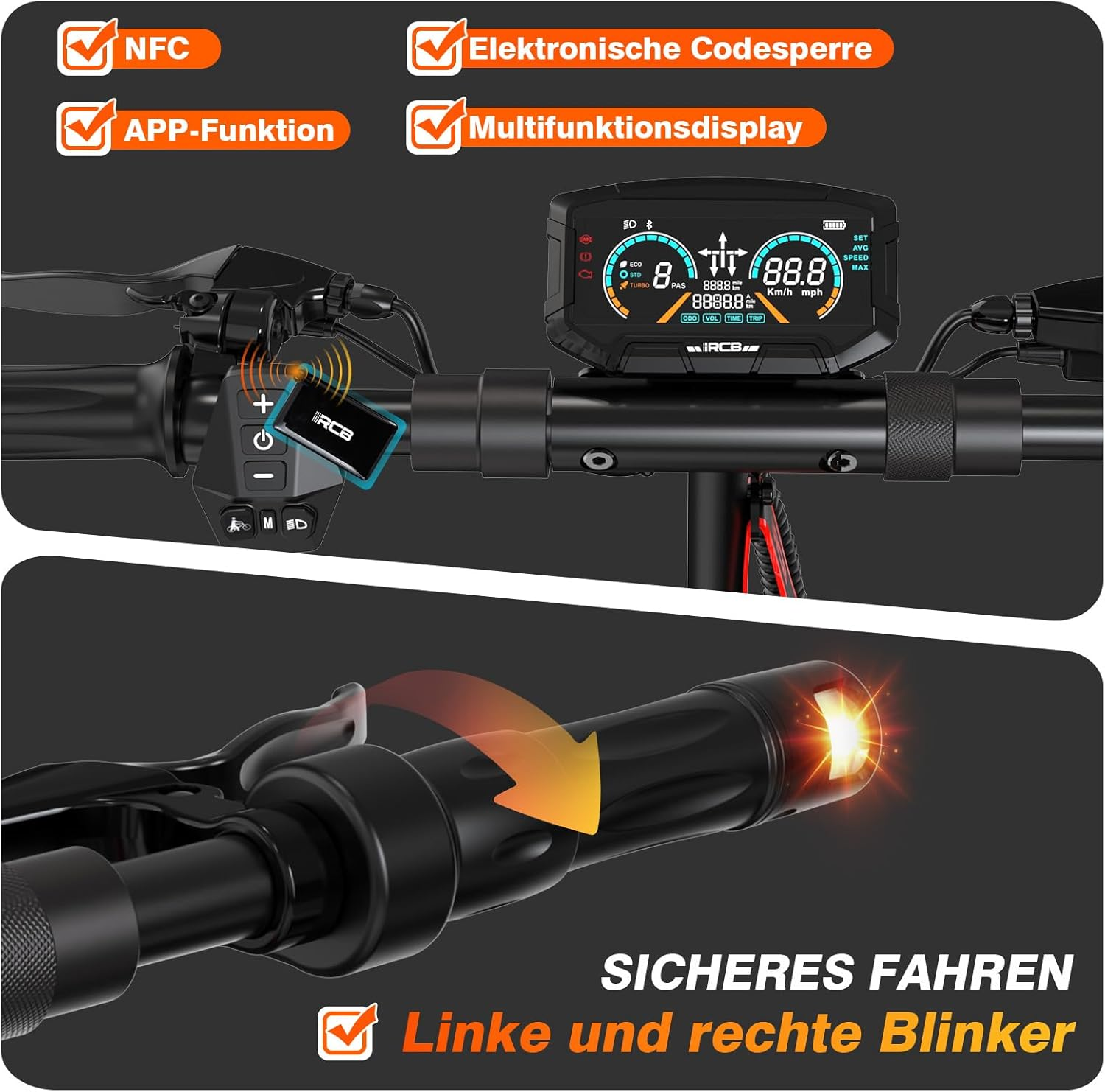 E-Scooter Lenker mit Display, Bedienelementen und Blinkern. NFC, App, Codesperre.