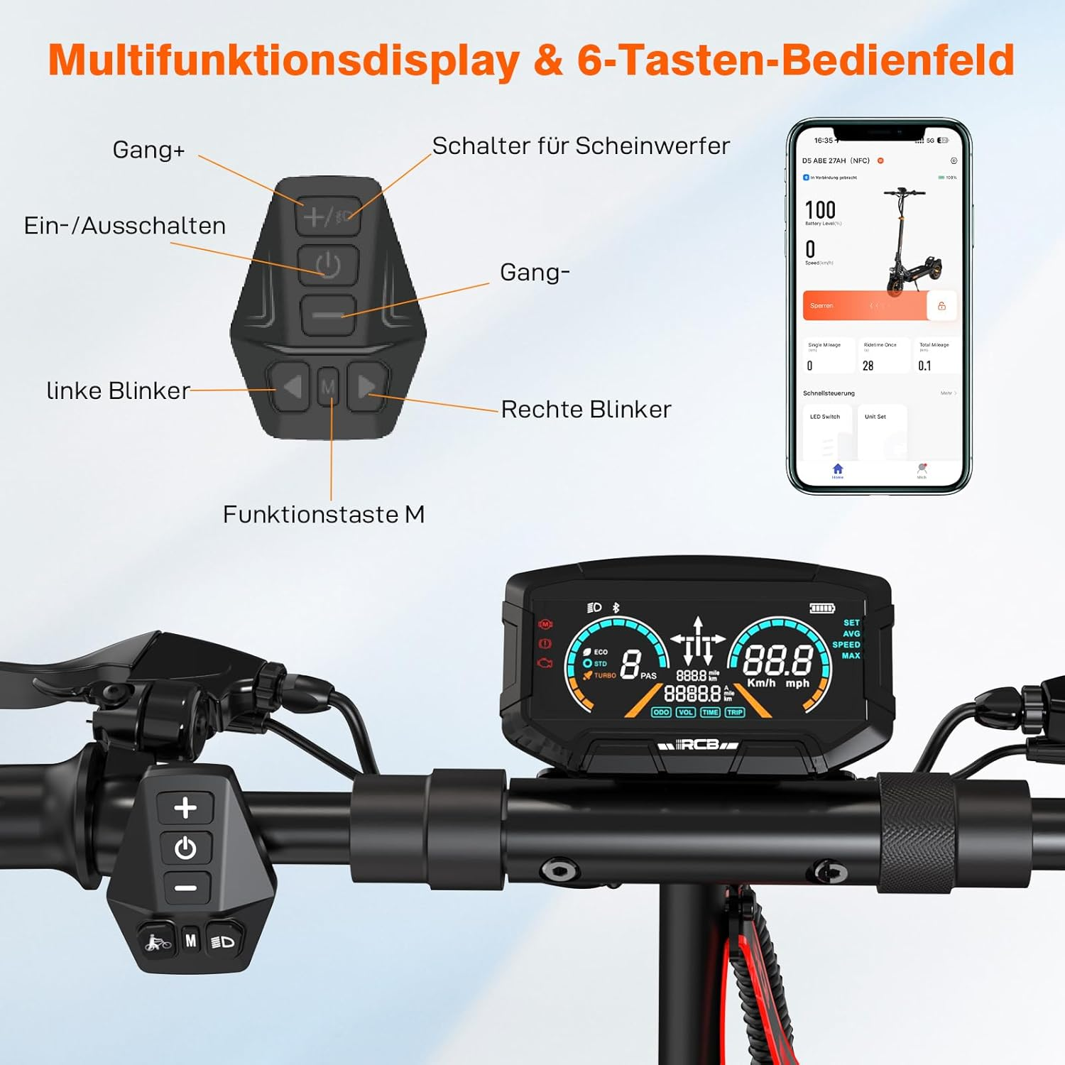 E-Scooter-Bedienfeld mit Display und Smartphone-App-Ansicht.