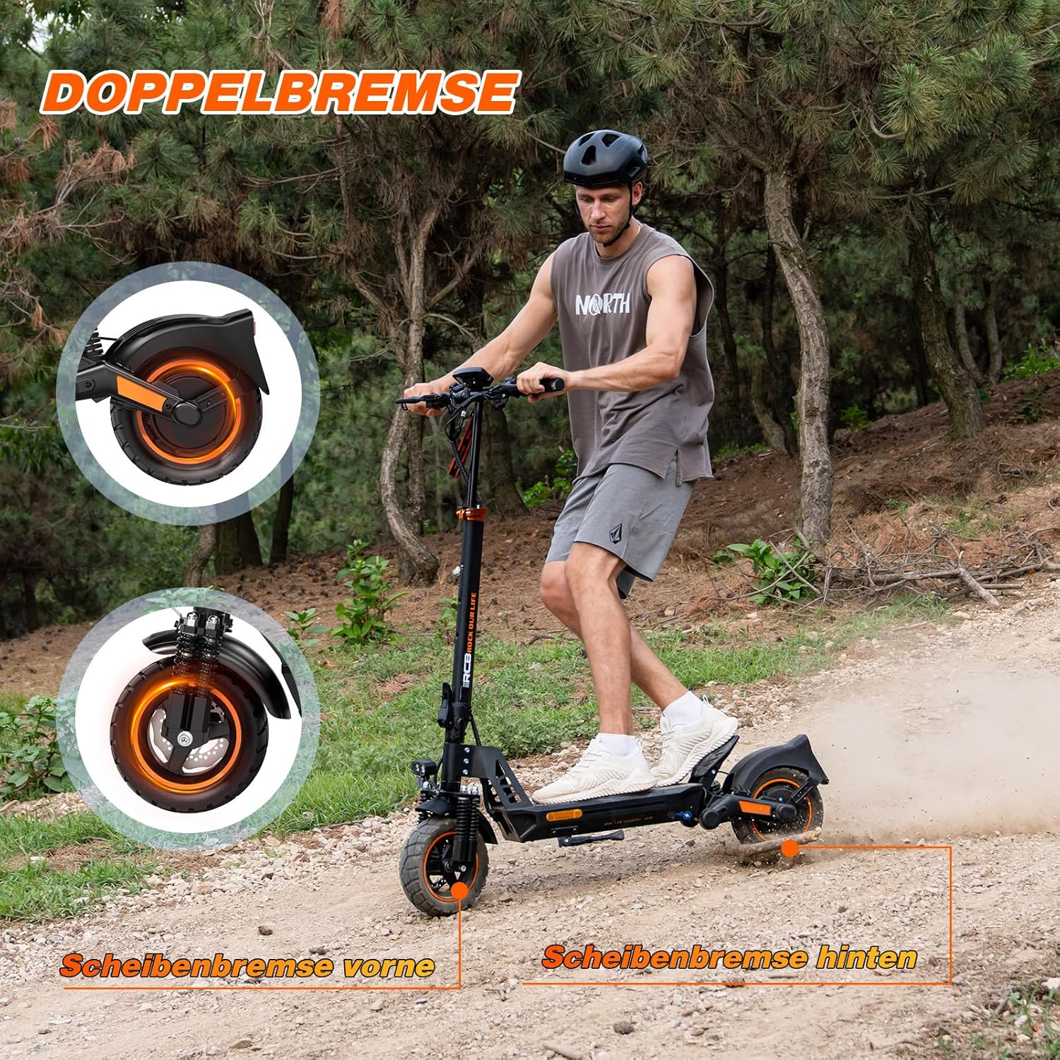 Mann fährt E-Scooter mit Scheibenbremsen im Wald. Nahaufnahmen zeigen Vorder- und Hinterrad.
