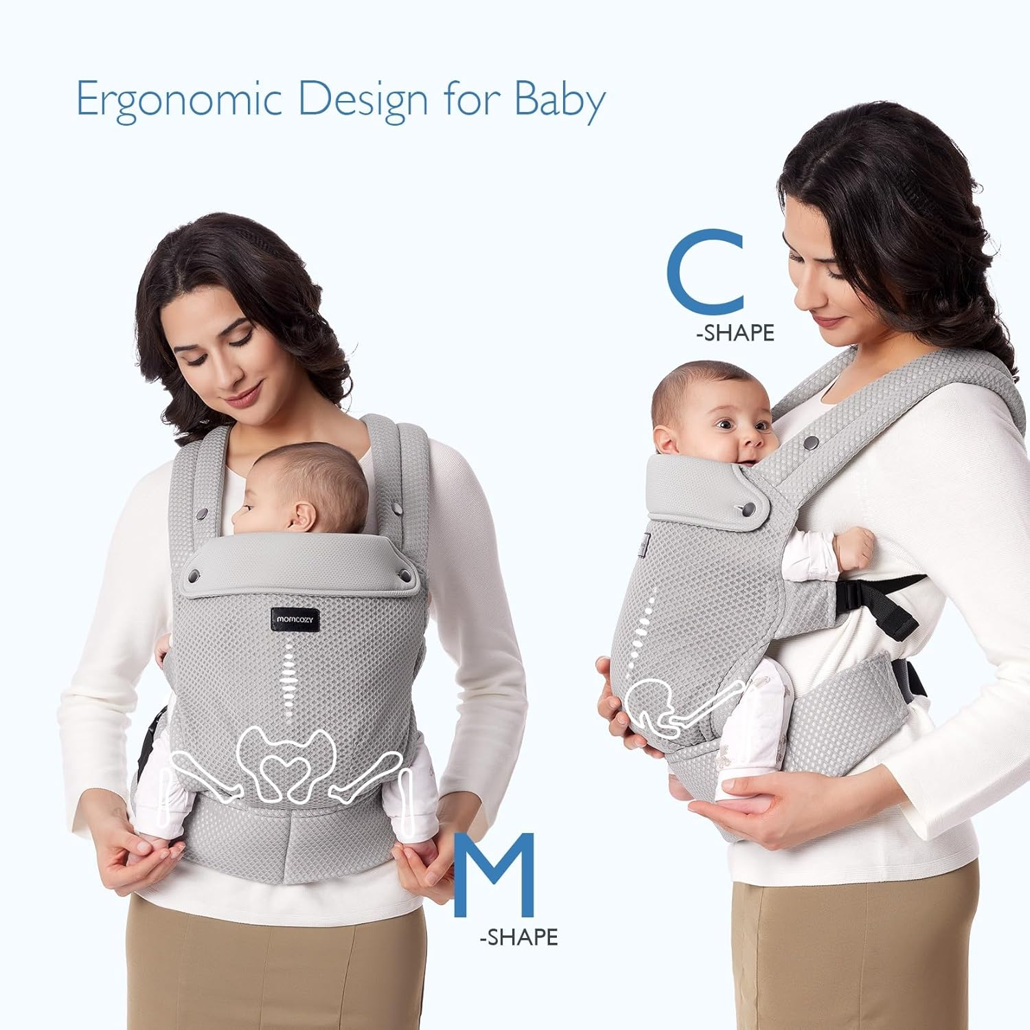 Donna con bambino in marsupio grigio che mostra le forme "M" e "C".