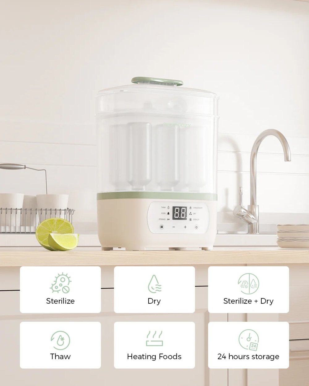 Ein Babyflaschensterilisator mit digitalen Bedienelementen und Funktionen.