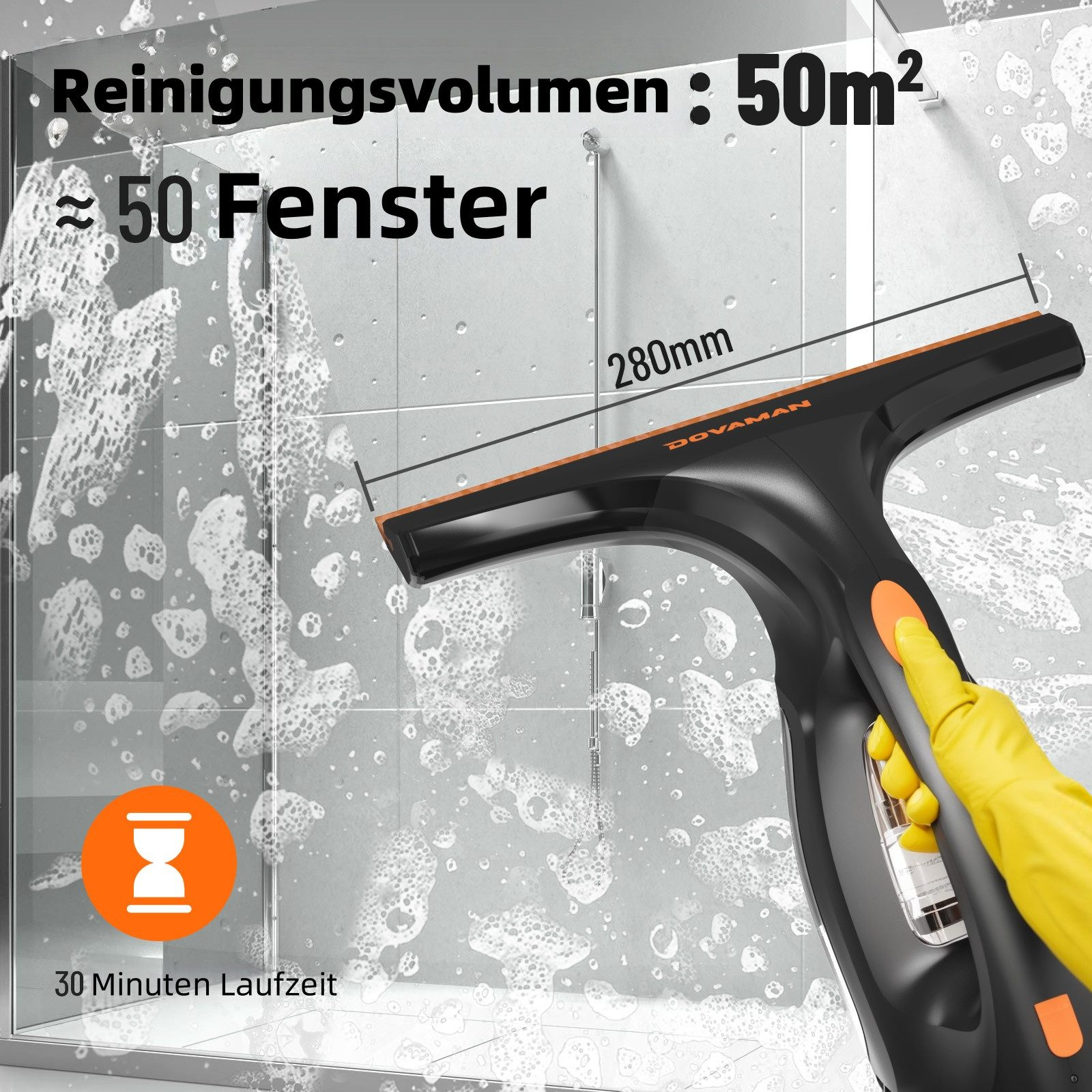 Ein Fensterreiniger mit 280mm Breite reinigt 50m² oder 50 Fenster.