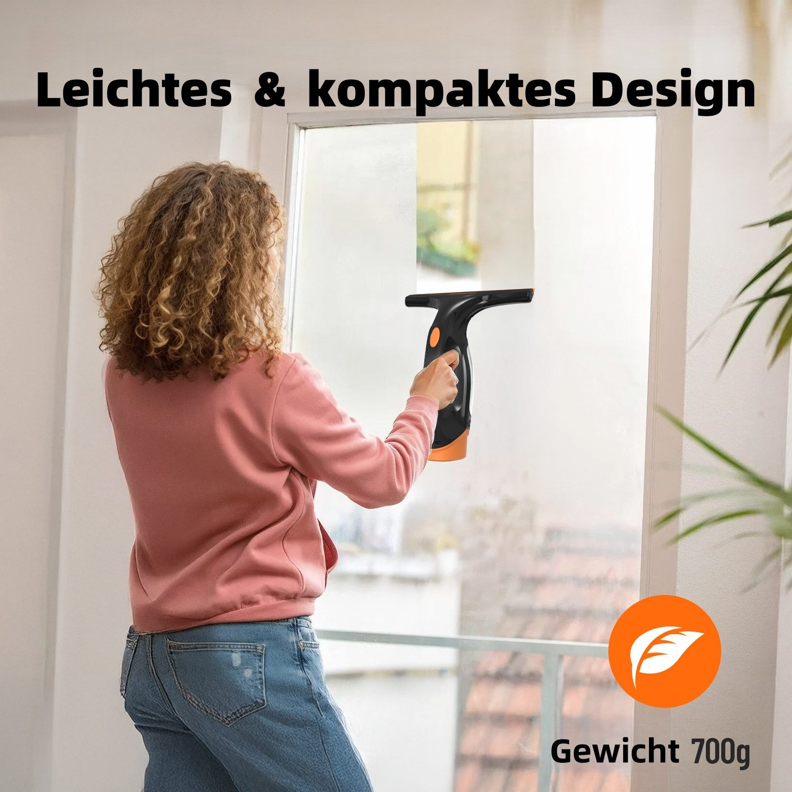 Eine Frau mit lockigem Haar reinigt ein Fenster mit einem schwarzen und orangen Fensterwischer.